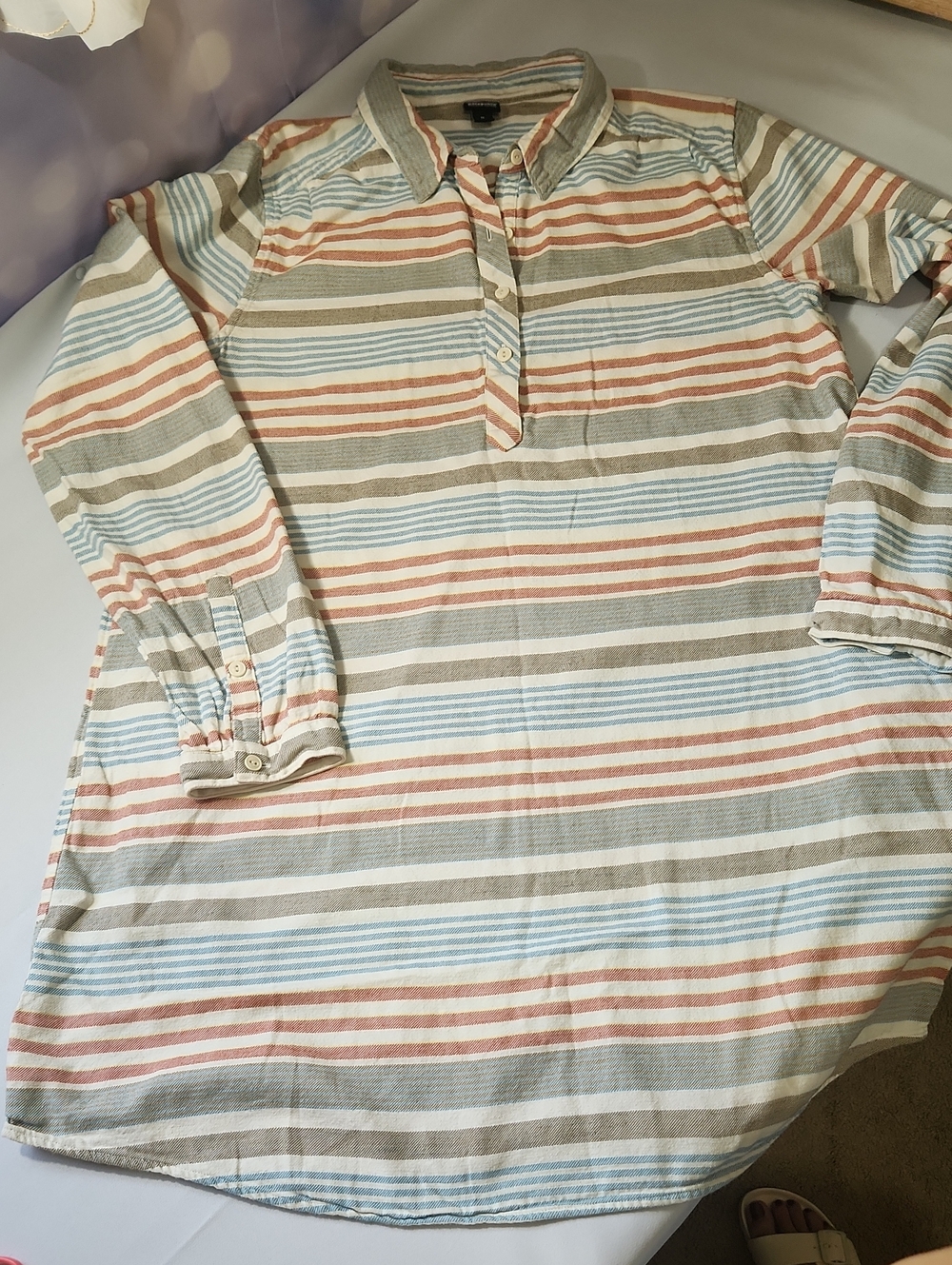 Patagonia Striped Long Sleeve Dress in Cream, Blue, Tan 100% Organic Cotton